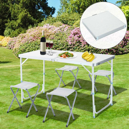 Tavolo Pieghevole Campeggio PicNic 120x60 H 55-70cm con 4 Sgabelli Alluminio