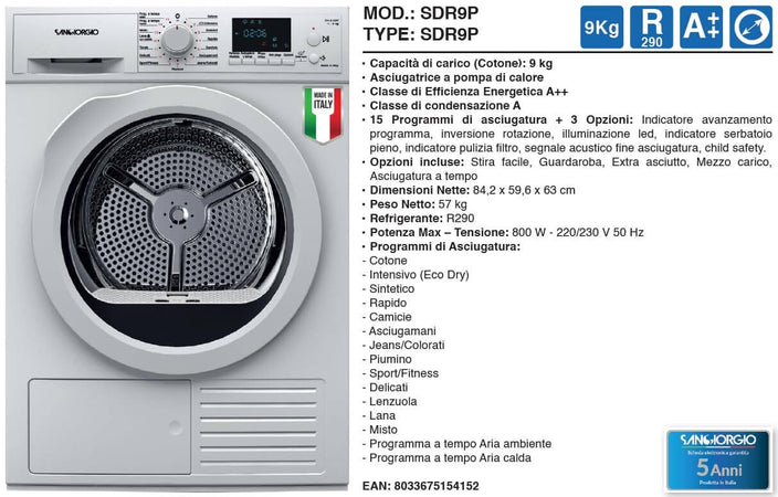 SanGiorgio SDR9I Asciugatrice 9kg A+++ Pompa di Calore Inverter Carica Frontale Bianco