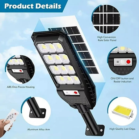 LAMPIONE SOLARE LED 6500K 100W 200W 300W 400W SENSORE TELECOMANDO E STAFFA IP65