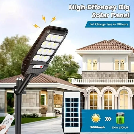LAMPIONE SOLARE LED 6500K 100W 200W 300W 400W SENSORE TELECOMANDO E STAFFA IP65