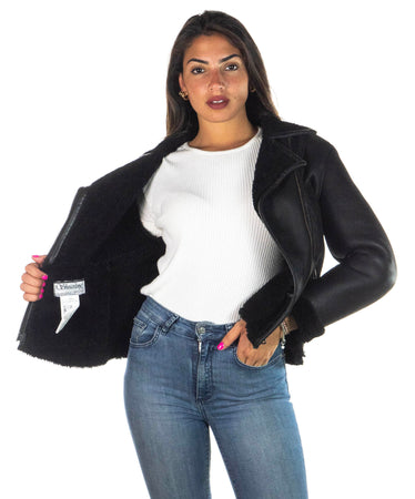 Giselle - Chiodo Donna Nero in vero montone Shearling