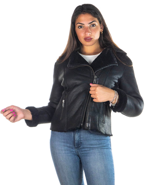 Giselle - Chiodo Donna Nero in vero montone Shearling