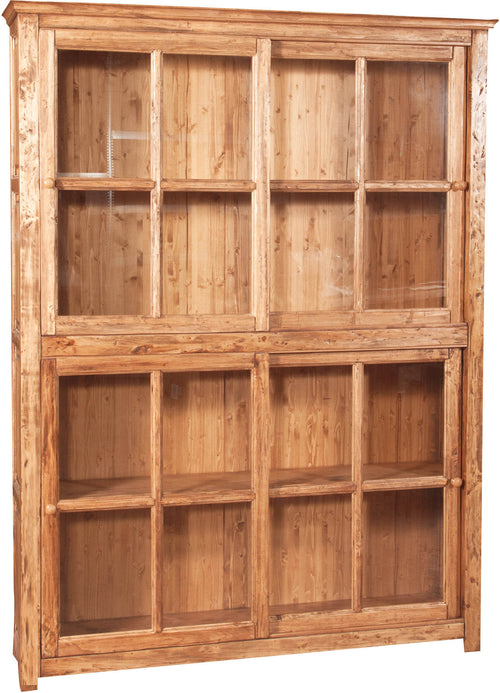 Biscottini Libreria vetrina con ante scorrevoli in legno massello di tiglio, finitura naturale L154xPR37xH212 cm. Made in Italy