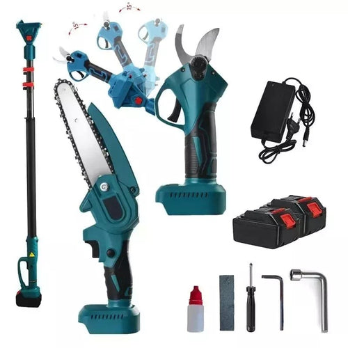 Kit potatura cesoia forbice + mini sega 6 pollici 2 batterie con asta telescopica snodo 175°