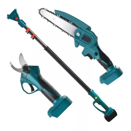 Kit potatura cesoia forbice + mini sega 6 pollici 2 batterie con asta telescopica snodo 175°