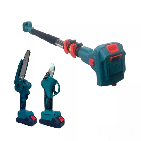 Kit potatura cesoia forbice + mini sega 6 pollici 2 batterie con asta telescopica snodo 175°