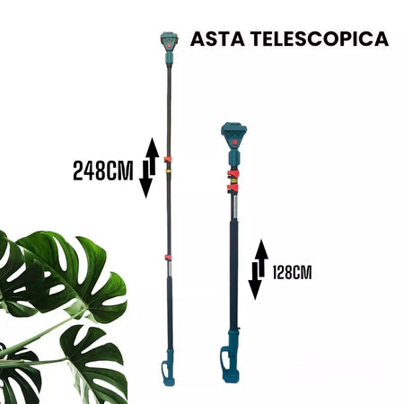 Kit potatura cesoia forbice + mini sega 6 pollici 2 batterie con asta telescopica snodo 175°