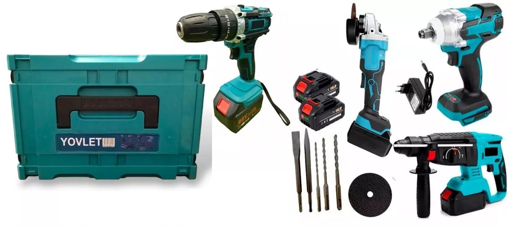 Kit 4in1 Trapano avvitatore,impulsi,smerigliatrice,tassellatore,2x3Ah,caricatore