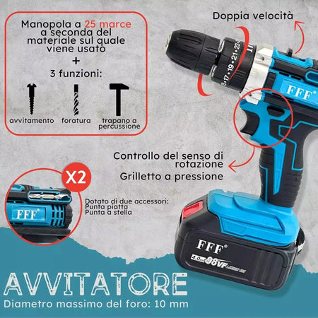 Kit 4in1 Trapano avvitatore,impulsi,smerigliatrice,tassellatore,2x3Ah,caricatore