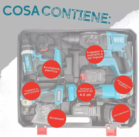Kit 4in1 Trapano avvitatore,impulsi,smerigliatrice,tassellatore,2x3Ah,caricatore
