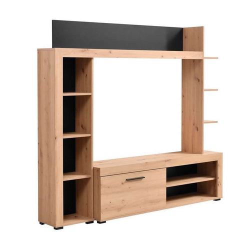 Parete da soggiorno Sofia, porta TV con mensole, color rovere antracite-nero, 172,5 x 33 x 157,5 cm
