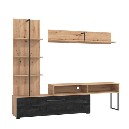 Parete da soggiorno "Emily", porta TV con mensole, color rovere antico e carbonio, 205,5 x 41,5 x 173 cm