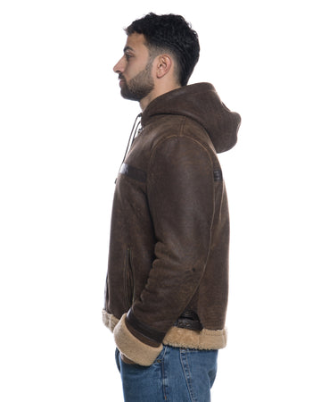 James - Giacca Uomo Testa di Moro Graffiato in vero montone Shearling con Cappuccio