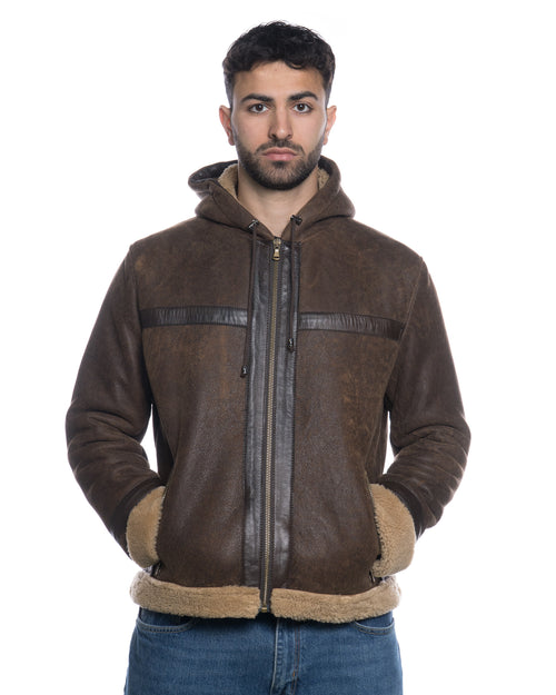 James - Giacca Uomo Testa di Moro Graffiato in vero montone Shearling con Cappuccio