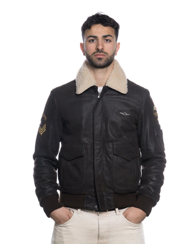 Pilota Aviatore - Bomber Uomo Testa di Moro in vera pelle Nabuk Antichizzato con Stemmi e collo in montone