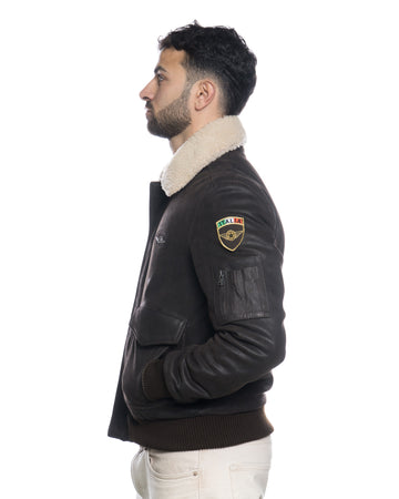 Pilota Aviatore - Bomber Uomo Testa di Moro in vera pelle Nabuk Antichizzato con Stemmi e collo in montone