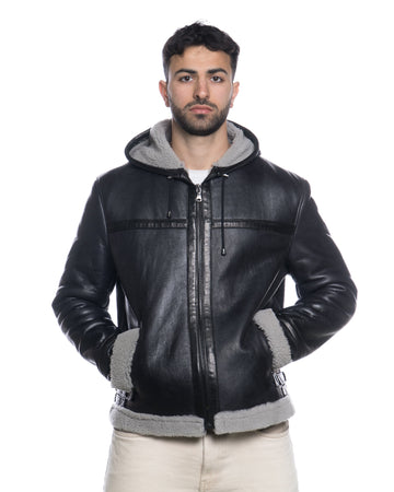 James - Giacca Uomo Nero in vero montone Shearling Grigio con Cappuccio