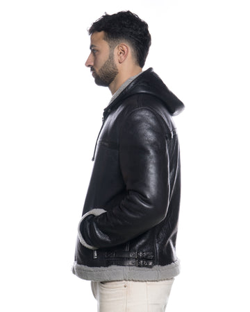 James - Giacca Uomo Nero in vero montone Shearling Grigio con Cappuccio