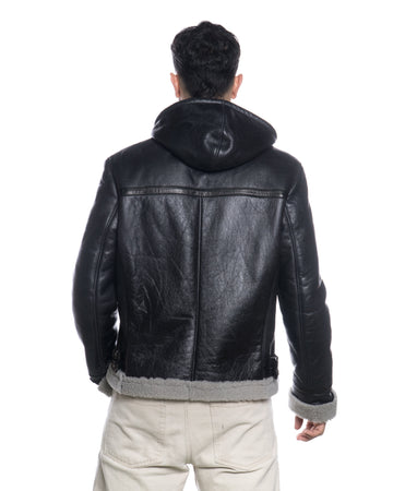 James - Giacca Uomo Nero in vero montone Shearling Grigio con Cappuccio