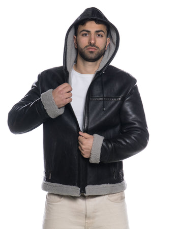 James - Giacca Uomo Nero in vero montone Shearling Grigio con Cappuccio