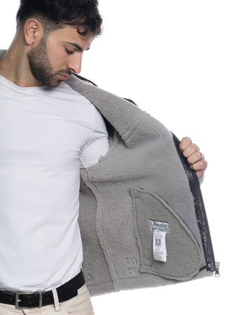 James - Giacca Uomo Nero in vero montone Shearling Grigio con Cappuccio
