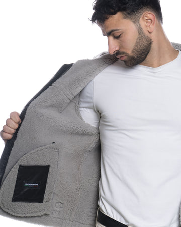 James - Giacca Uomo Nero in vero montone Shearling Grigio con Cappuccio