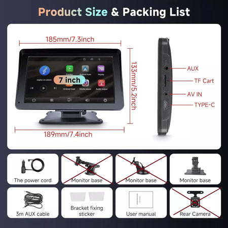Autoradio Portatile Carplay Display per Auto, Schermo 7 Pollici IPS Touchscreen