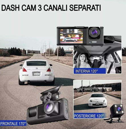 TELECAMERA PER AUTO DASHCAM FULL HD DVR CAR VIDEO CAMERA VISIONE NOTTURNA 3 CAM