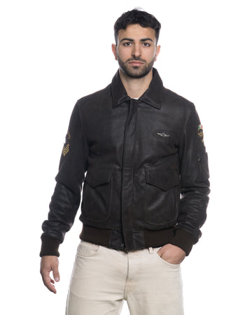 Pilota Aviatore - Bomber Uomo Testa di Moro in vera pelle Nabuk Antichizzato con Stemmi