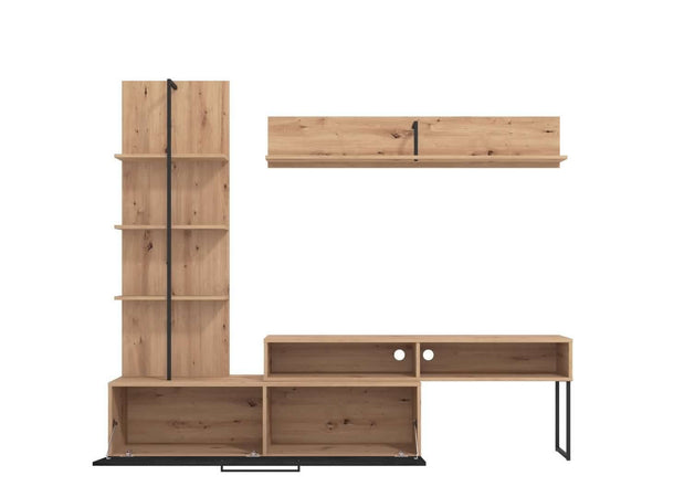 Parete da soggiorno "Emily", porta TV con mensole, color rovere antico e carbonio, 205,5 x 41,5 x 173 cm