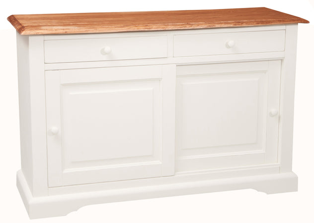 Biscottini Credenza Country in legno massello di tiglio struttura bianca anticata piano finitura naturale L142xPR50xH90 cm. Made in Italy