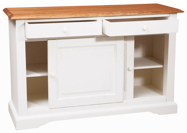 Biscottini Credenza Country in legno massello di tiglio struttura bianca anticata piano finitura naturale L142xPR50xH90 cm. Made in Italy