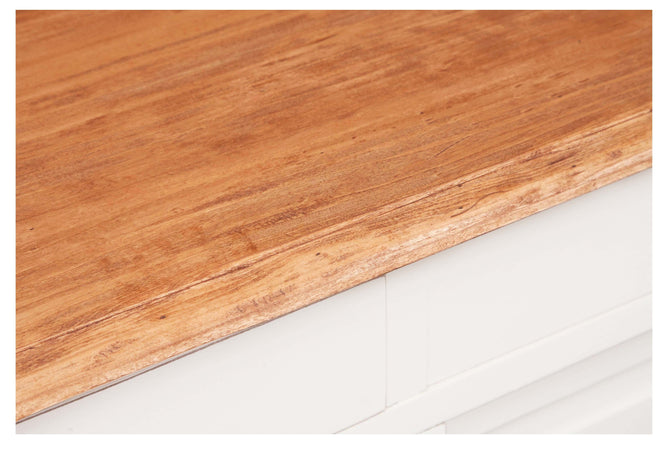 Biscottini Credenza Country in legno massello di tiglio struttura bianca anticata piano finitura naturale L142xPR50xH90 cm. Made in Italy