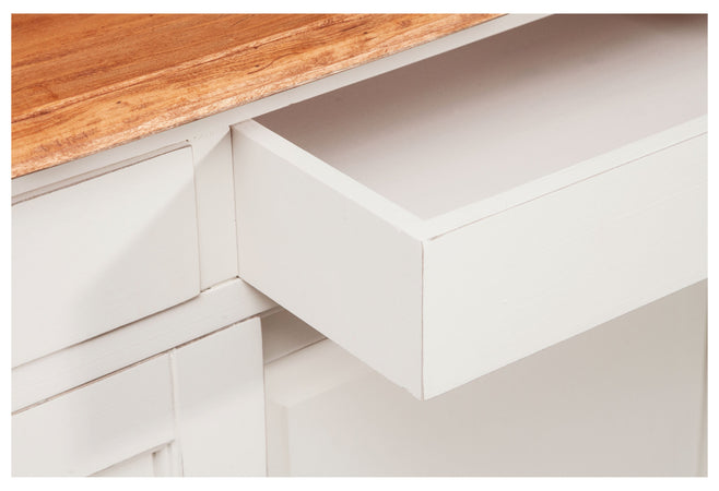 Biscottini Credenza Country in legno massello di tiglio struttura bianca anticata piano finitura naturale L142xPR50xH90 cm. Made in Italy