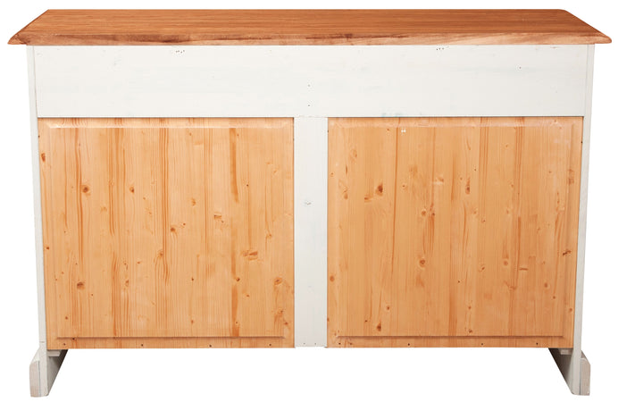 Biscottini Credenza Country in legno massello di tiglio struttura bianca anticata piano finitura naturale L142xPR50xH90 cm. Made in Italy