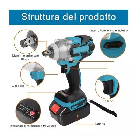 TRAPANO AVVITATORE A IMPULSI BRUSHLESS 400Nm DOPPIA BATTERIA CON 7 INSERTI