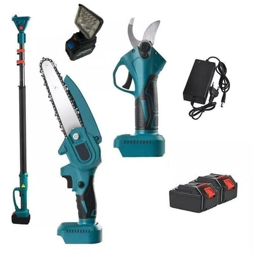 Kit Potatura 4 in 1 Mini Motosega 6 Forbice Cesoia a Batteria Asta Telescopica e Faretto LED