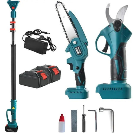 Kit Potatura 4 in 1 Mini Motosega 6" Forbice Cesoia a Batteria Asta Telescopica e Faretto LED