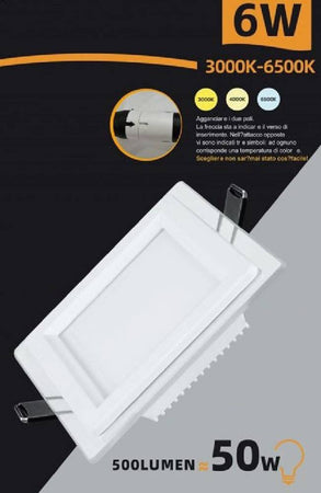 Pannello Led Slim Incasso Bordo In Vetro 6 W Cct 3 Colorazioni Di Luce P-75e-q3c