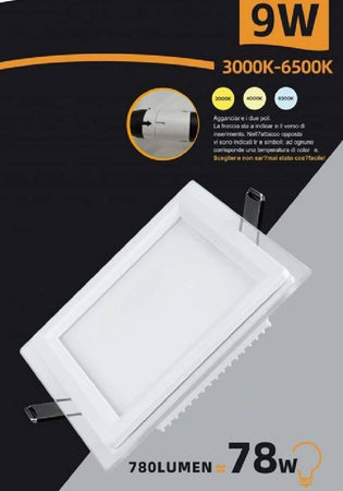 Pannello Led Slim Incasso Bordo In Vetro 9 W Cct Tre Colorazione Luce P-94e-q3c