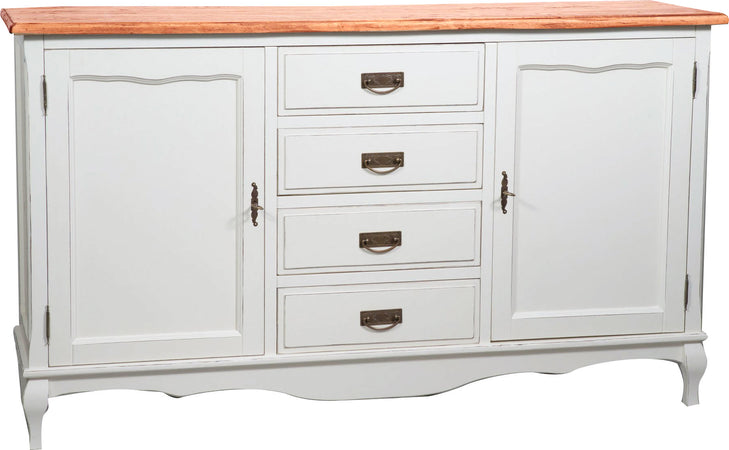 Biscottini Credenza Country in legno massello di tiglio struttura bianca anticata piano finitura naturale L160xPR42xH90 cm. Made in Italy