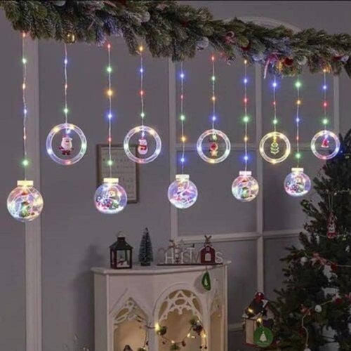 Luci Natalizie 3d 3mt Tenda Usb Interni Rgb Anelli Con Figura Natale Decorazione