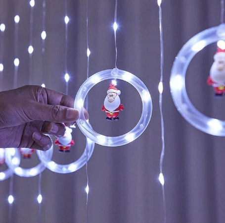 Luci Natalizie 3d 3mt Tenda Usb Interni Rgb Anelli Con Figura Natale Decorazione
