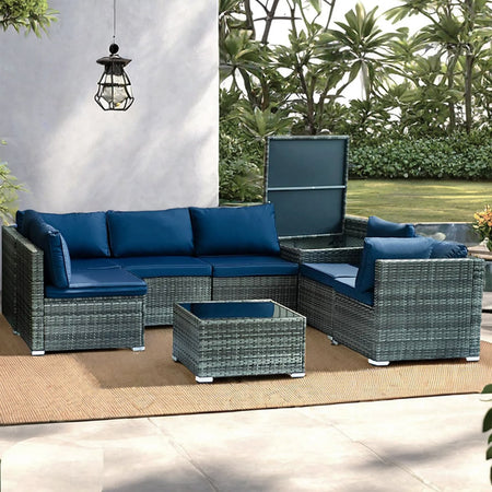 Set Salotto Giardino 8pz Polyrattan Componibile con Cuscini e Tavolo in vetro