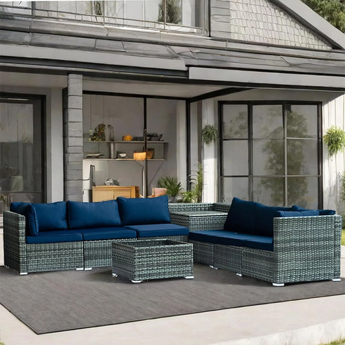 Set Salotto Giardino 8pz Polyrattan Componibile con Cuscini e Tavolo in vetro