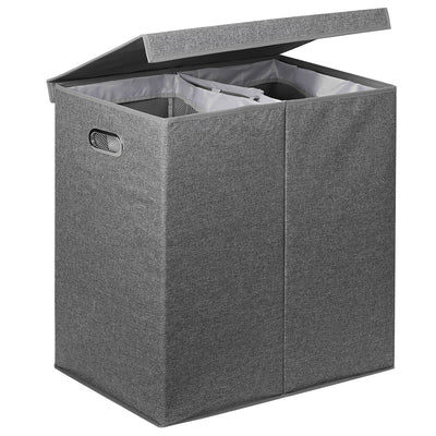 Cesto Portabiancheria con Doppio Scomparto, Coperchio e Manici in Metallo 64x36x65 cm