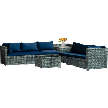 Set Salotto Giardino 8pz Polyrattan Componibile con Cuscini e Tavolo in vetro