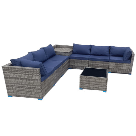 Set Salotto Giardino 8pz Polyrattan Componibile con Cuscini e Tavolo in vetro