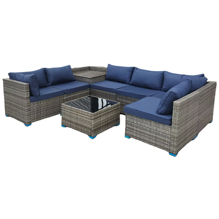 Set Salotto Giardino 8pz Polyrattan Componibile con Cuscini e Tavolo in vetro