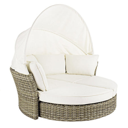 Daybed "Lesly" con cuscino e cappottina, struttura in alluminio e intreccio in fibra sintetica